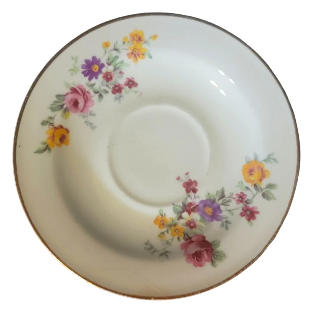 1 Vtg Edwin Knowles Tea Coffee Cup & Saucer Plate Hand Painted Gold Trim Flowers